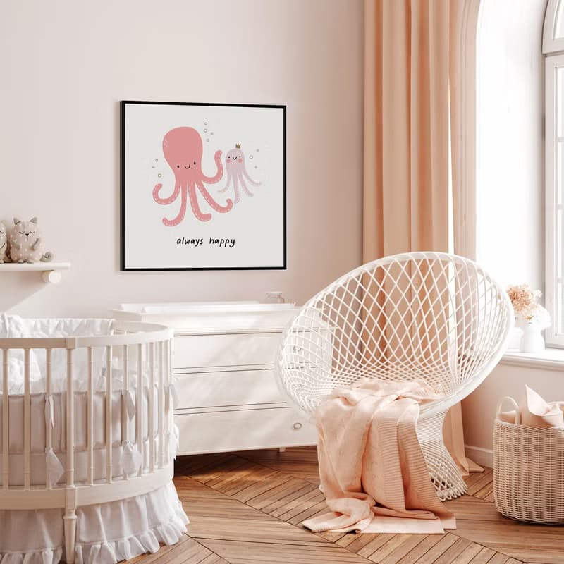 願你永遠快樂-可愛章魚親子掛畫/療癒兒童房佈置/嫩粉色/插畫
