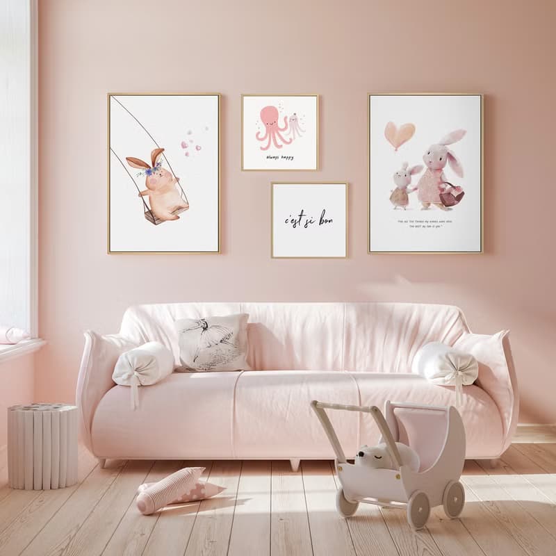 願你永遠快樂-可愛章魚親子掛畫/療癒兒童房佈置/嫩粉色/插畫