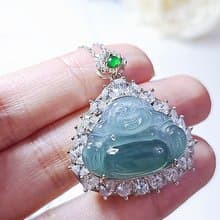 |招財開心佛|A貨翡翠冰玻藍水佛公23mm純銀鍍18k開蓋吊墜
