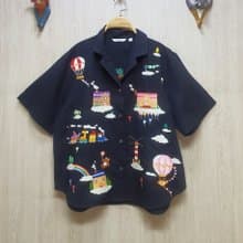手工刺繡襯衫、黑色、亞麻麵料、氣球、幻想、天空之家