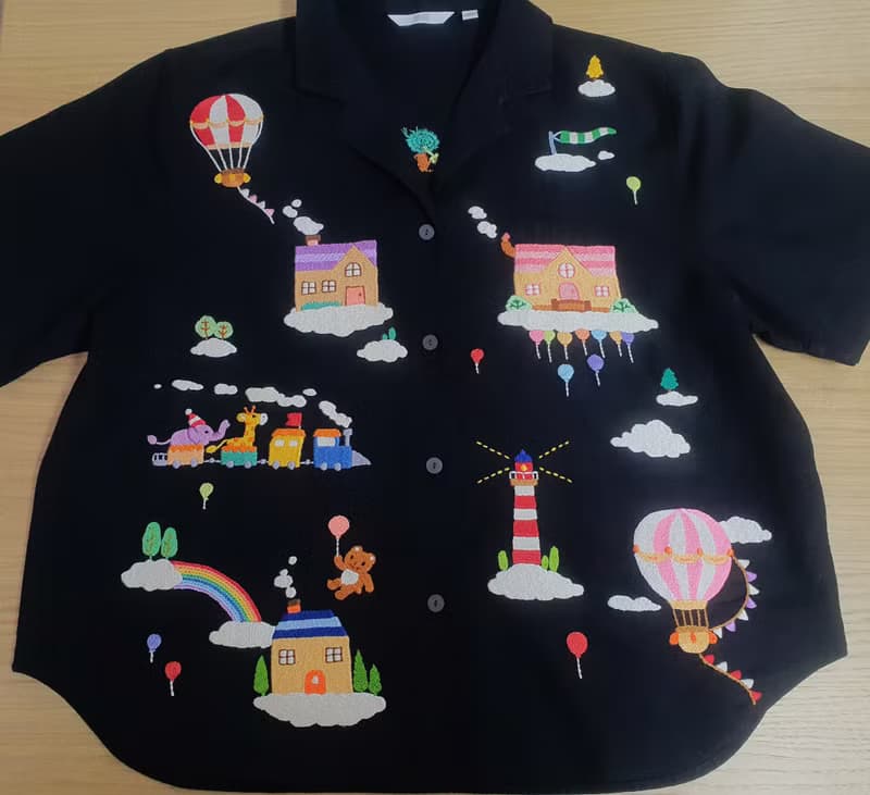 手工刺繡襯衫、黑色、亞麻麵料、氣球、幻想、天空之家
