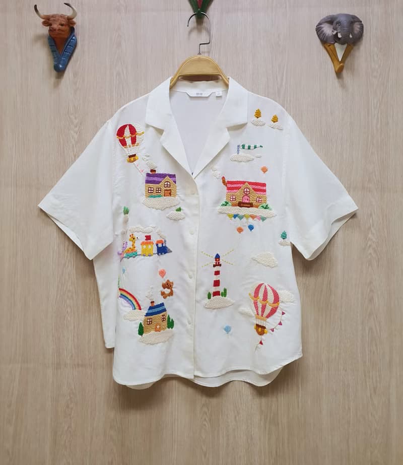 手工刺繡襯衫、黑色、亞麻麵料、氣球、幻想、天空之家