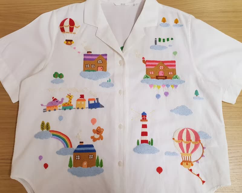 手工刺繡襯衫、黑色、亞麻麵料、氣球、幻想、天空之家