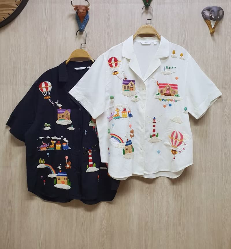 手工刺繡襯衫、黑色、亞麻麵料、氣球、幻想、天空之家