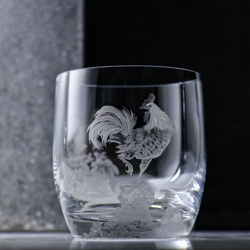 395cc 上海【Lucaris】雞鳴富貴圖中國風生肖雞 無鉛水晶威士忌杯