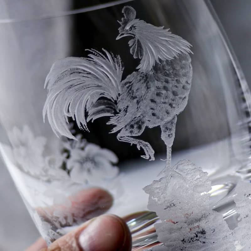 395cc 上海【Lucaris】雞鳴富貴圖中國風生肖雞 無鉛水晶威士忌杯