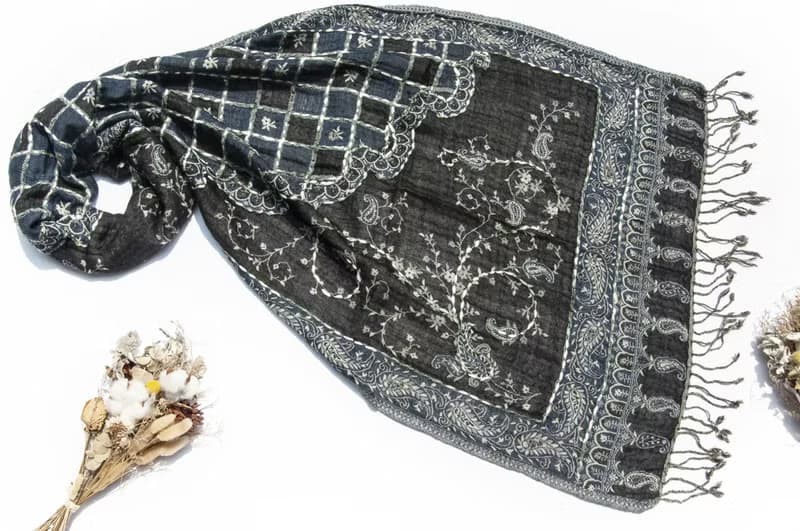 喀什米爾Cashmere/水煮羊毛披肩/針織圍巾/刺繡圍巾/羊絨披巾-花