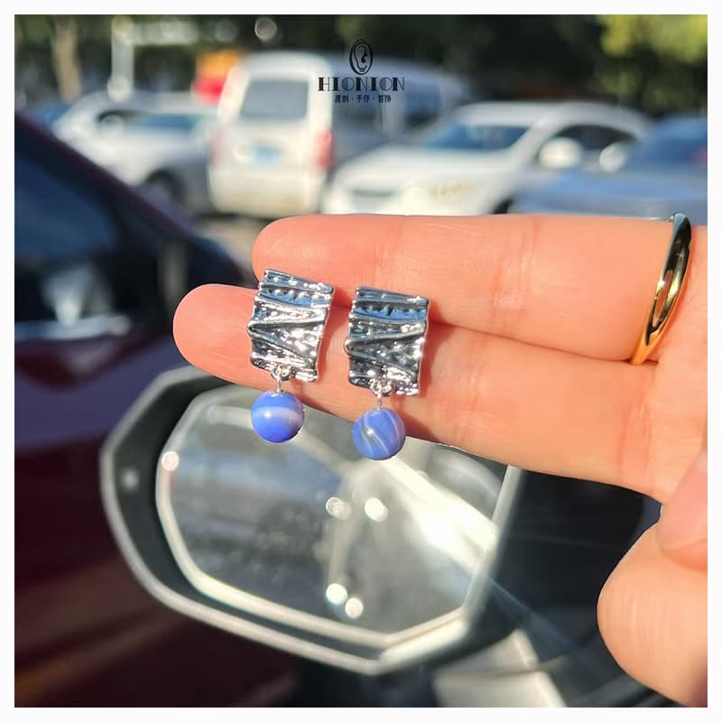 海光頌~原創小眾冷淡天然藍瑪瑙耳釘百搭個性無耳洞耳夾高級