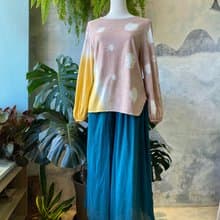 礦物泥染 紫/黃色 有機棉 後綁帶圓領 宮廷袖 長袖上衣