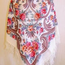 Pavlovo Posad Russian Shawl 100% Wool Scarf 125 cm, Wrap Woolen Fringe 1551-0