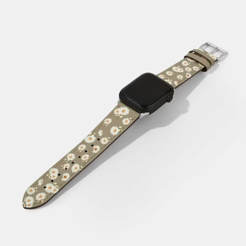 小雛菊牛皮橄欖綠印花蘋果錶帶Apple Watch 4/5/6/7/8/9/SE/Ultra