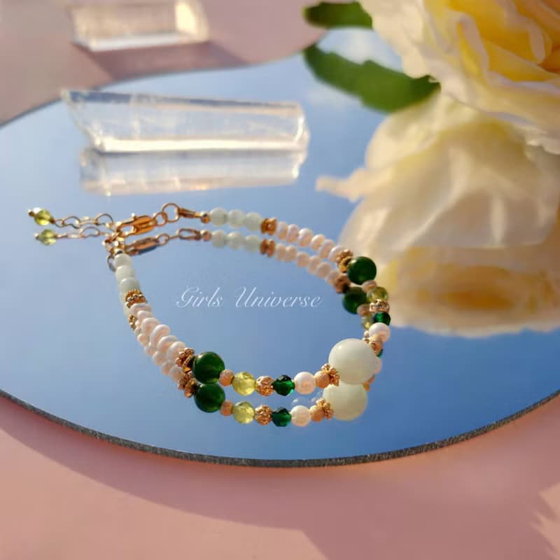 雋永。上邪 綠天使石 淡水珍珠 碧玉 14K包金 水晶礦石設計手鍊