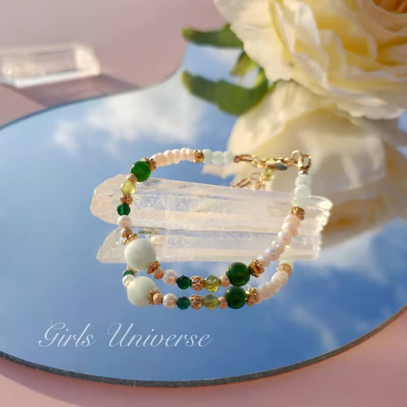 雋永。上邪 綠天使石 淡水珍珠 碧玉 14K包金 水晶礦石設計手鍊