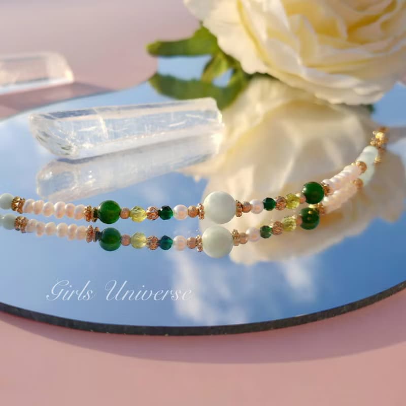 雋永。上邪 綠天使石 淡水珍珠 碧玉 14K包金 水晶礦石設計手鍊