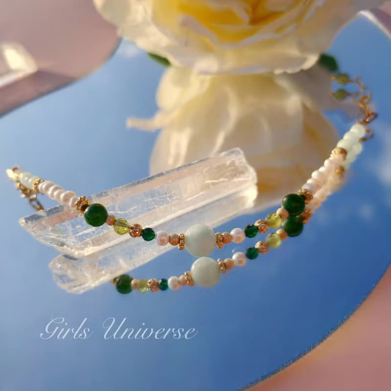 雋永。上邪 綠天使石 淡水珍珠 碧玉 14K包金 水晶礦石設計手鍊