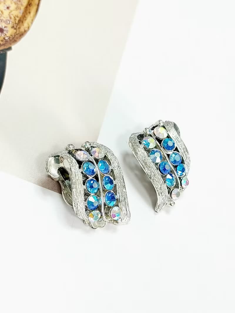 vintage jewelry  古典雙音符萊茵鑽 夾式耳環