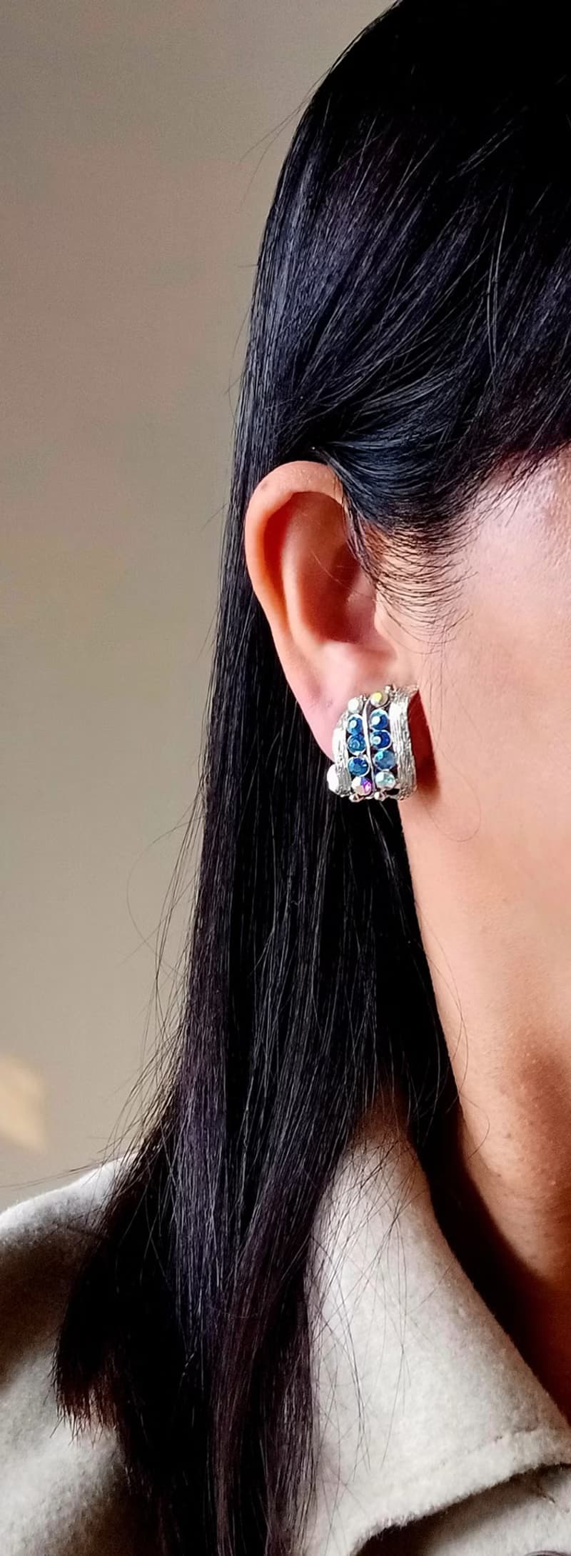 vintage jewelry  古典雙音符萊茵鑽 夾式耳環