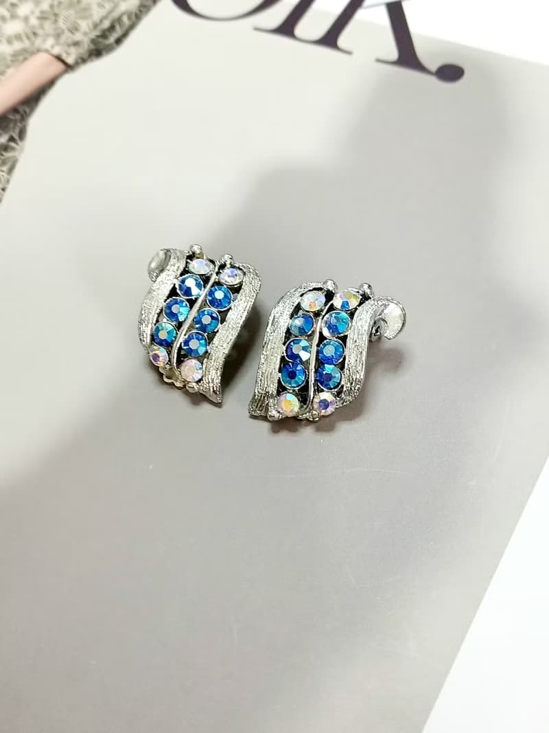 vintage jewelry  古典雙音符萊茵鑽 夾式耳環