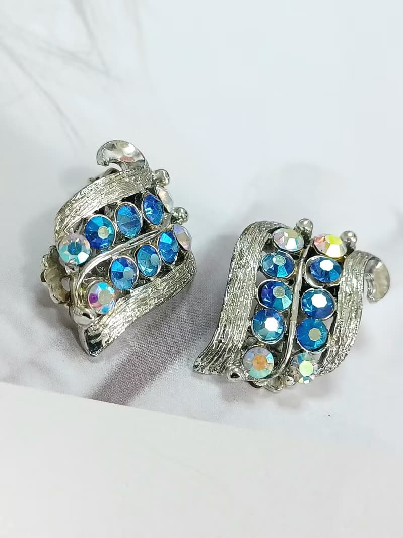vintage jewelry  古典雙音符萊茵鑽 夾式耳環