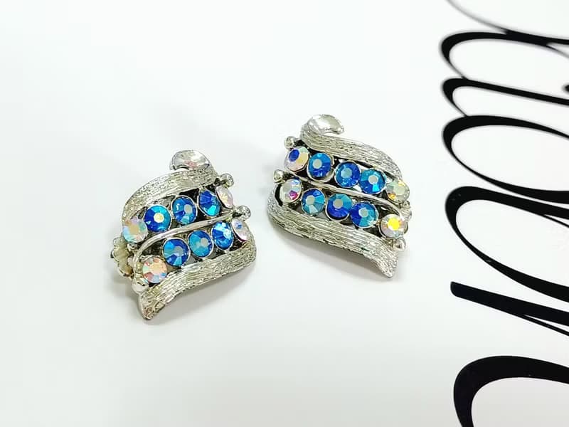 vintage jewelry  古典雙音符萊茵鑽 夾式耳環