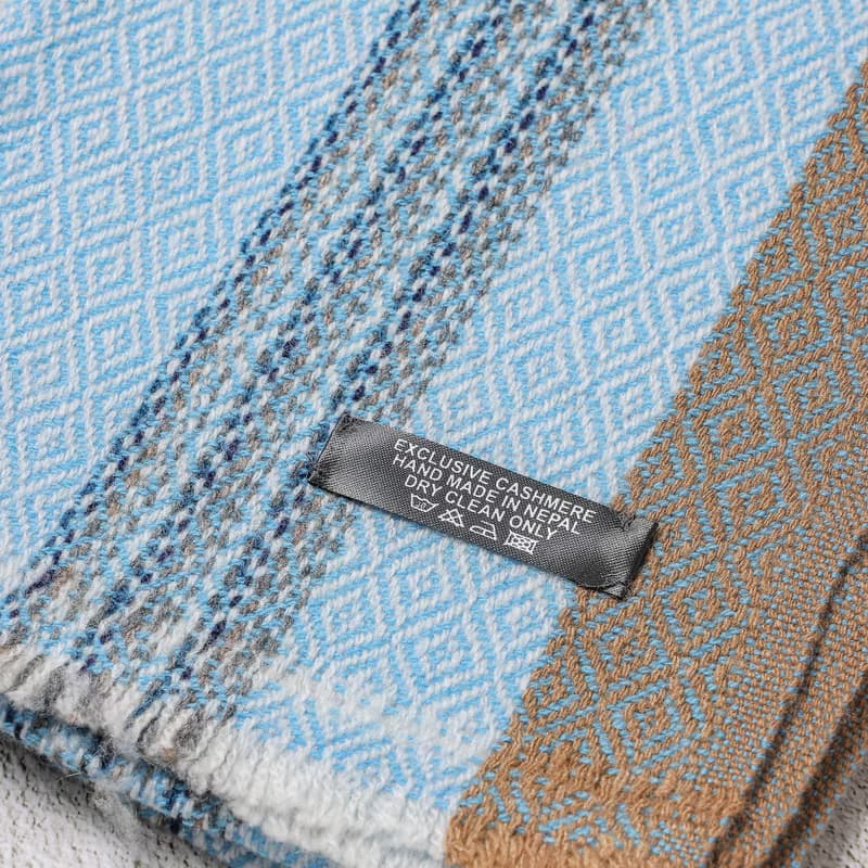 【窄版】喀什米爾羊毛圍巾 鑽石紋淺藍褐條紋 脖圍 手工機織