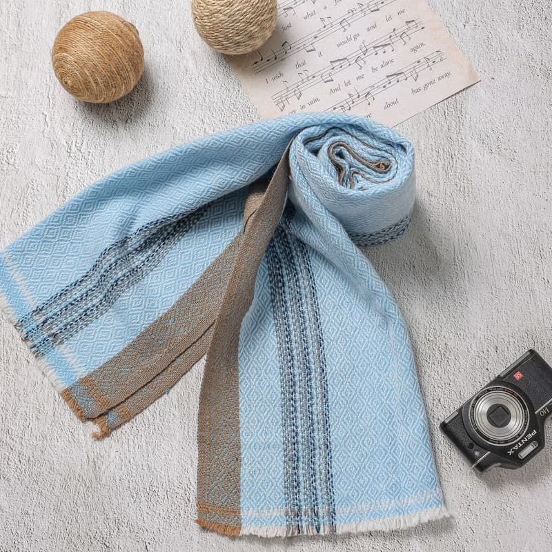 【窄版】喀什米爾羊毛圍巾 鑽石紋淺藍褐條紋 脖圍 手工機織