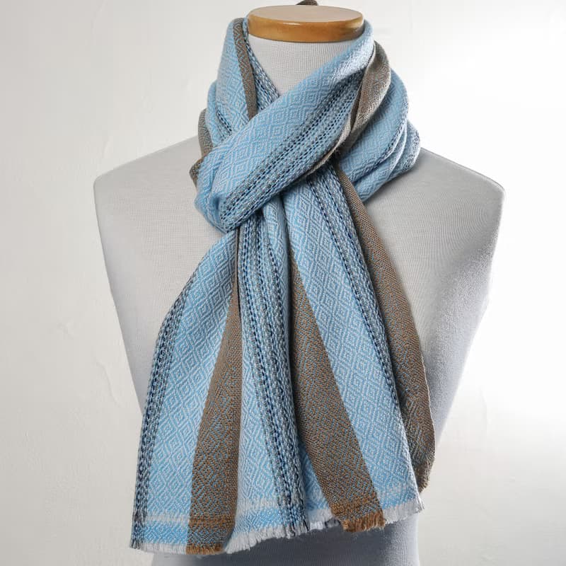 【窄版】喀什米爾羊毛圍巾 鑽石紋淺藍褐條紋 脖圍 手工機織