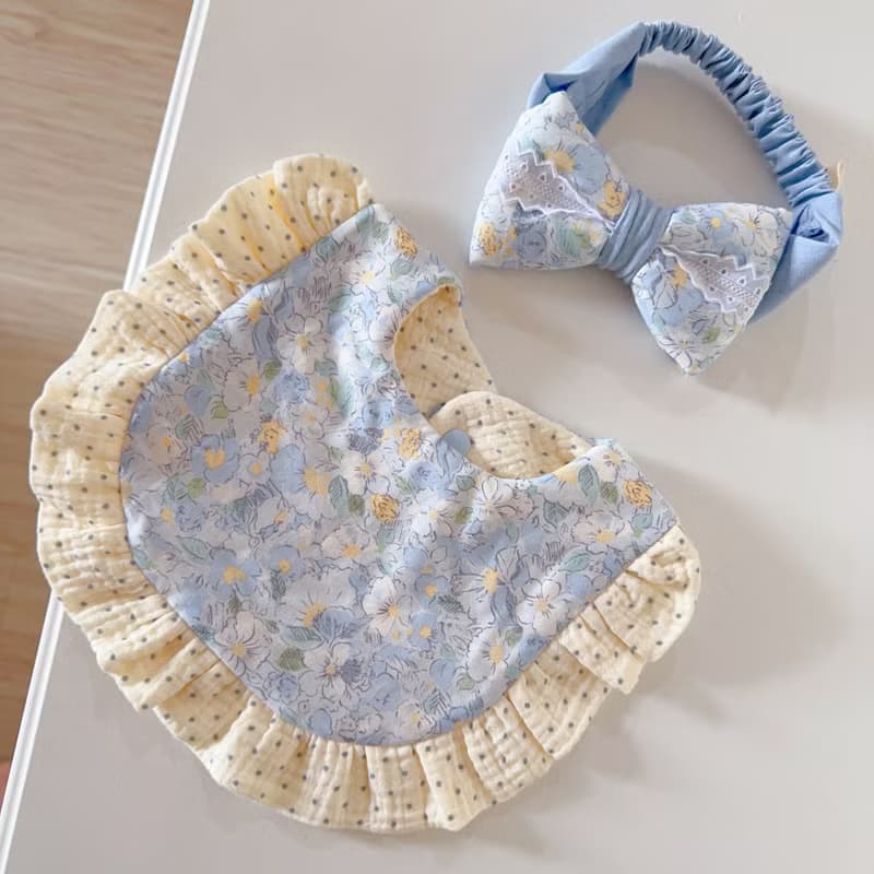 晨曦藍花園荷葉圍兜蕾絲寶寶髮帶 新生兒禮物 滿月禮 周歲滿月