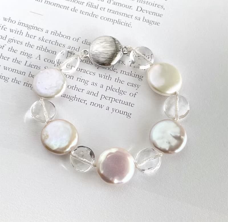 天然 淡水パール oオーロラカラーコイン型パールとクリスタルのブレスレット