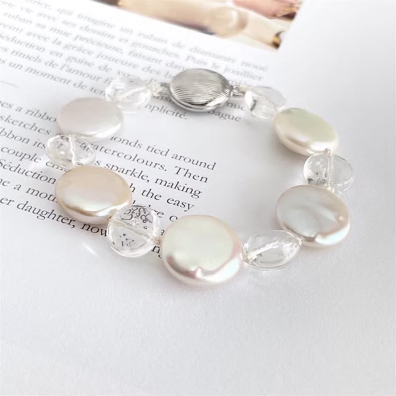 天然 淡水パール oオーロラカラーコイン型パールとクリスタルのブレスレット