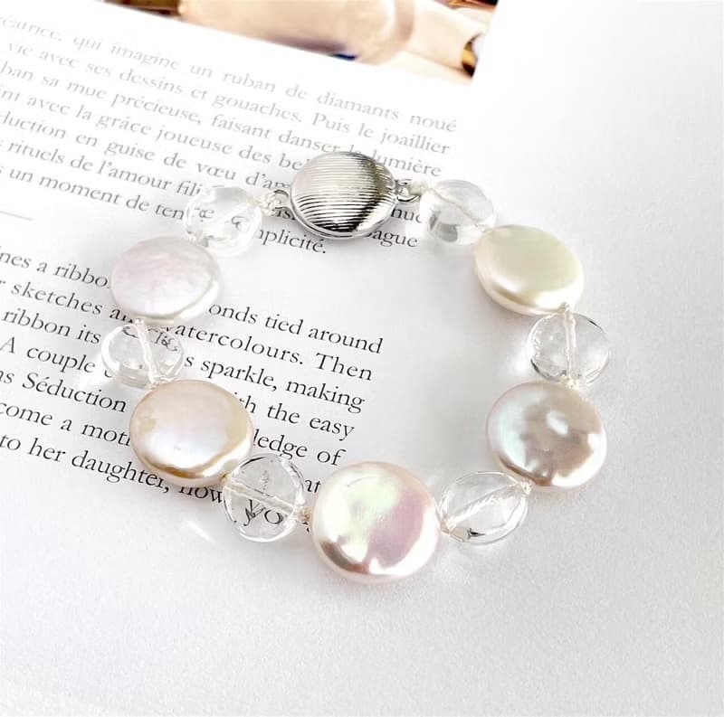 天然 淡水パール oオーロラカラーコイン型パールとクリスタルのブレスレット