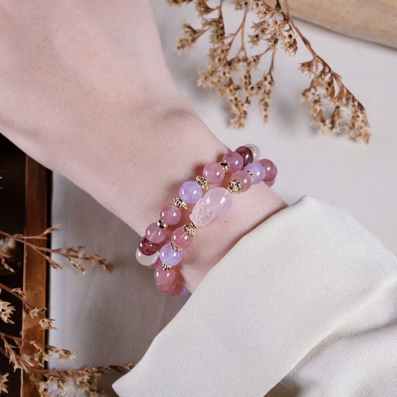 粉晶貔貅 高品馬粉 紫水晶 草莓晶 紫鋰雲母 月光石 手鍊
