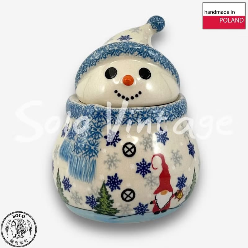 波蘭手繪手工陶-雪人收納罐 (小) 15cm 雪國精靈系列 設計師款