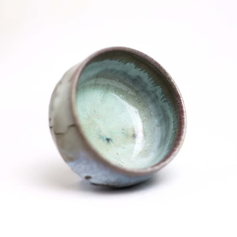 明芽窯 l 柴燒灰釉杯 茶杯 水藍 銅紅 冰裂 流釉 陶杯 蒐藏品 H6