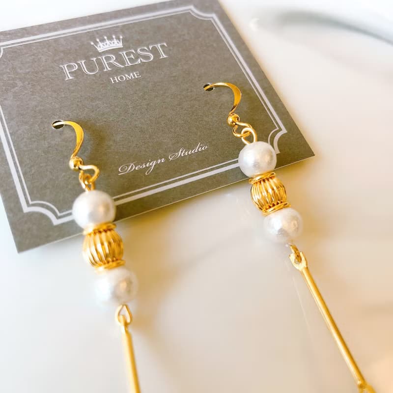 PUREST HOME 黑瑪瑙の日本棉珍珠-垂墜黃銅耳環