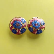 【西洋古董飾品 】景泰藍 紅葉藍花  花卉 夾式耳環