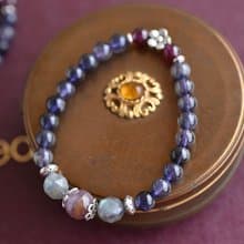 堇青石+紫鈦晶+拉長石純銀花朵手鍊