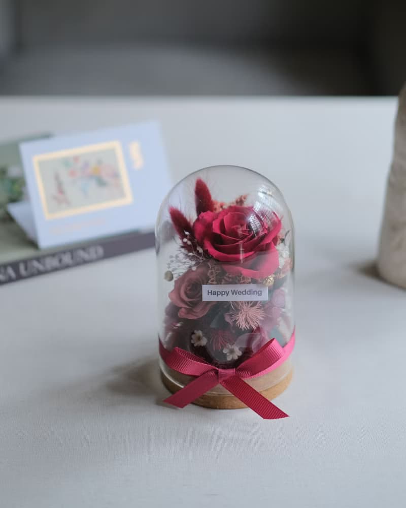 母親節永生花/乾燥花玻璃盅/迷情酒紅色/生日禮物/刻字/母親節禮