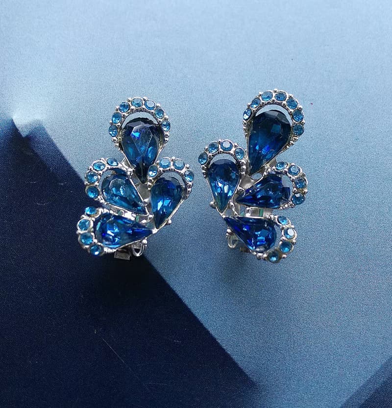 Vintage Jewelry 西洋古董飾品 立體 水滴 雙色鑽 對稱 夾式耳環