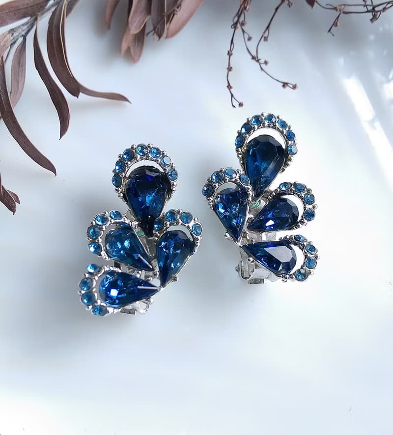 Vintage Jewelry 西洋古董飾品 立體 水滴 雙色鑽 對稱 夾式耳環