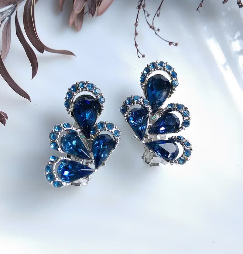 Vintage Jewelry 西洋古董飾品 立體 水滴 雙色鑽 對稱 夾式耳環