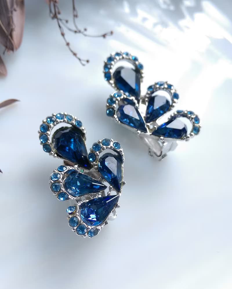 Vintage Jewelry 西洋古董飾品 立體 水滴 雙色鑽 對稱 夾式耳環