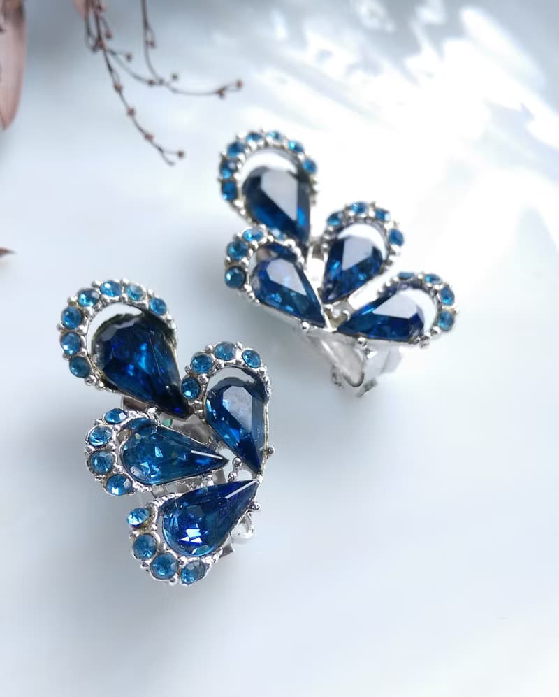 Vintage Jewelry 西洋古董飾品 立體 水滴 雙色鑽 對稱 夾式耳環