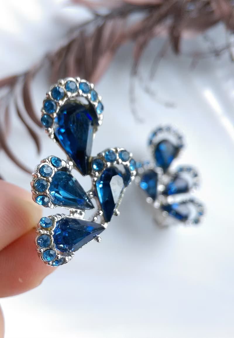 Vintage Jewelry 西洋古董飾品 立體 水滴 雙色鑽 對稱 夾式耳環