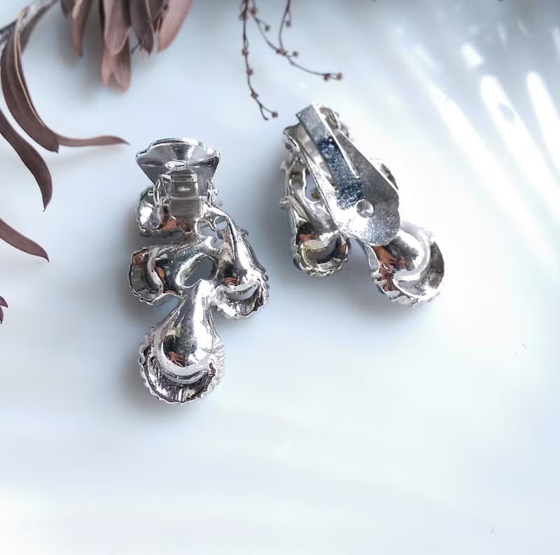 Vintage Jewelry 西洋古董飾品 立體 水滴 雙色鑽 對稱 夾式耳環