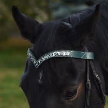 Green leather browband for horses draft pony. Handmade Brow band with hand-paint