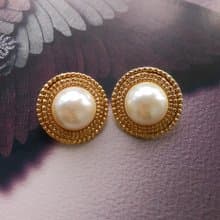 【西洋古董飾品 】金色調  優雅仿珠 金繩紋 夾式耳環