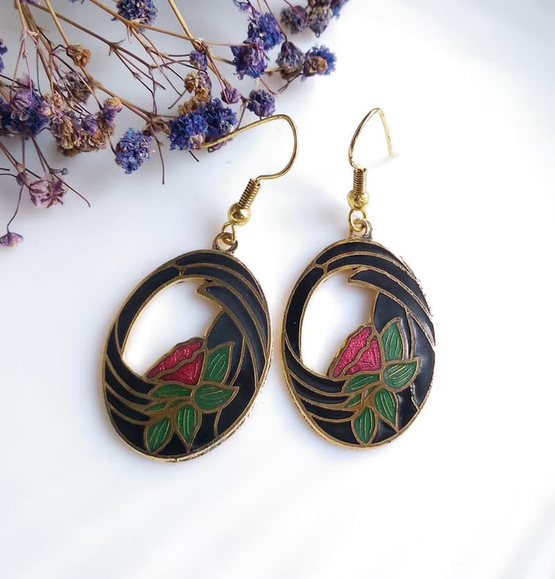 Vintage Jewelry 西洋古董飾品 蓮花花卉 景泰藍 耳勾 針式耳環