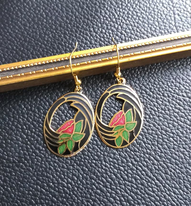 Vintage Jewelry 西洋古董飾品 蓮花花卉 景泰藍 耳勾 針式耳環