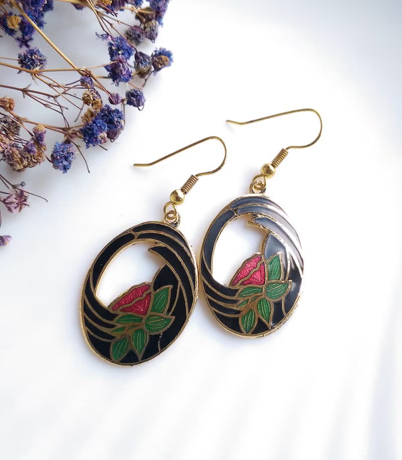 Vintage Jewelry 西洋古董飾品 蓮花花卉 景泰藍 耳勾 針式耳環
